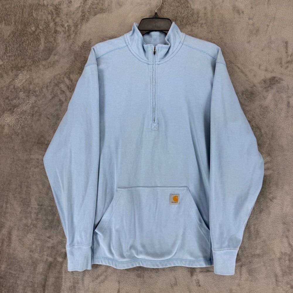 Carhartt Mens Relaxed Fit Quarter Zip Waffle Knit Pullover Light Blue TK4428-M L